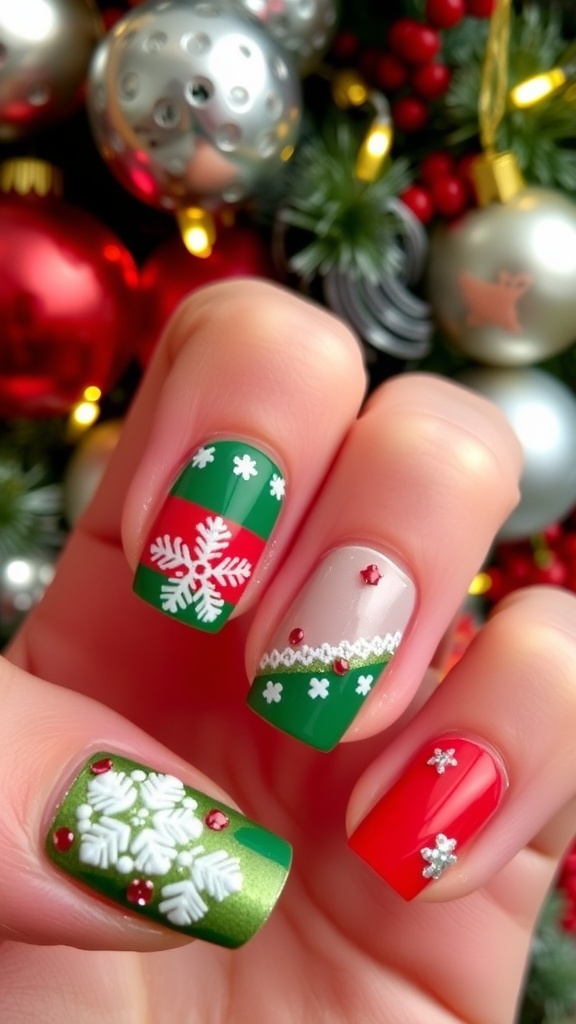 Festive green and red Christmas nail art with snowflakes on a decorated holiday background.